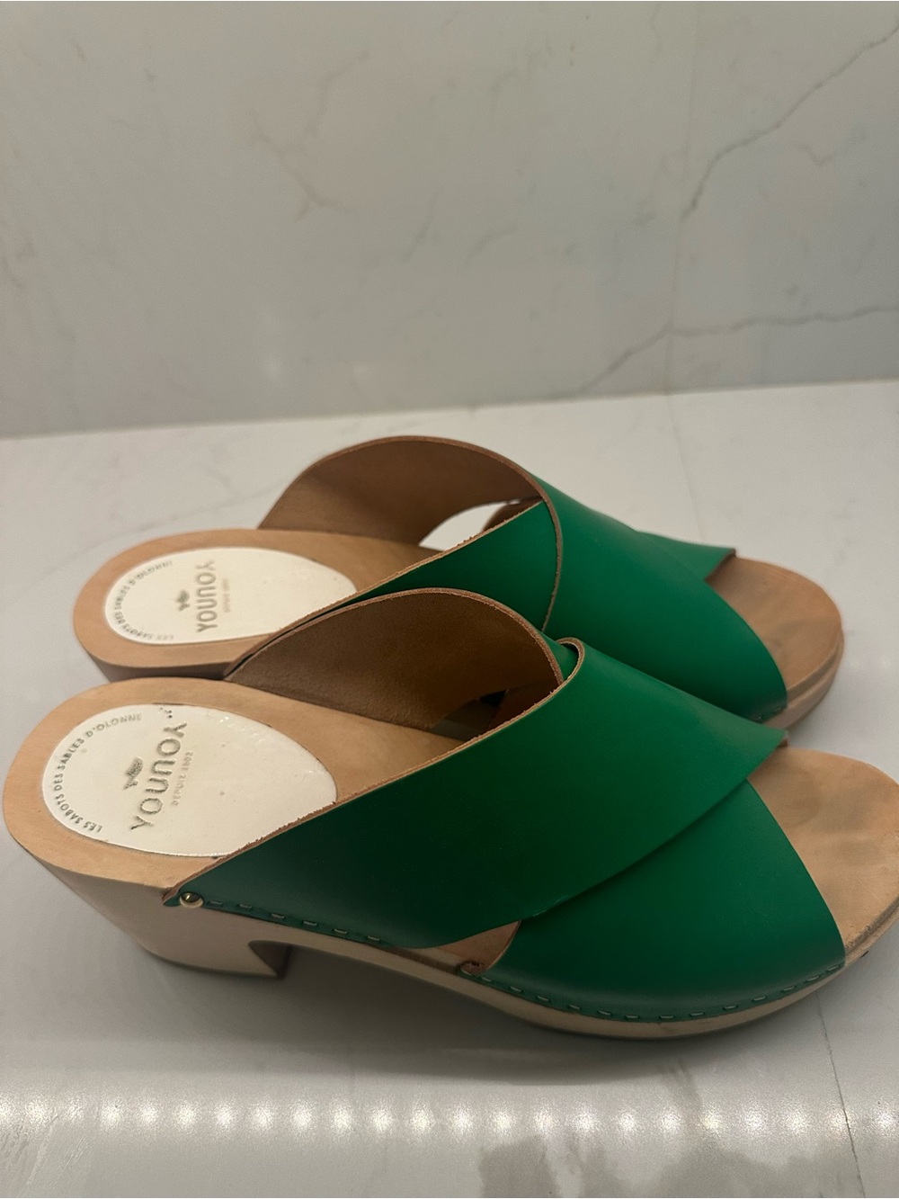 Sabot Youyou French Leather Slide Mules Clogs Green Wooden Sole Size 41.
